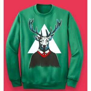 Hipster Reindeer Ugly Christmas Sweatshirt Size M Medium Unisex Holiday Funny